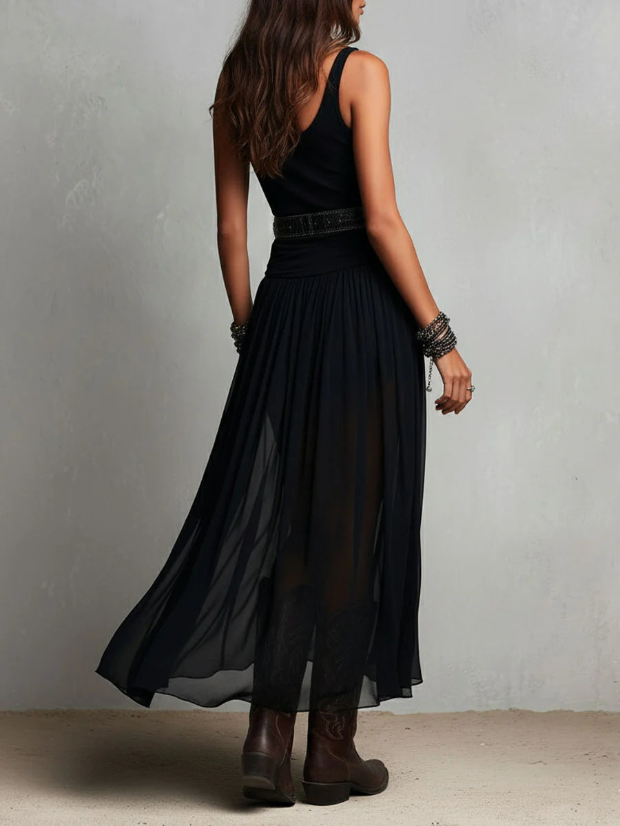 Thaïs | Robe maxi noire sans manches avec jupe en tulle (avec ceinture)