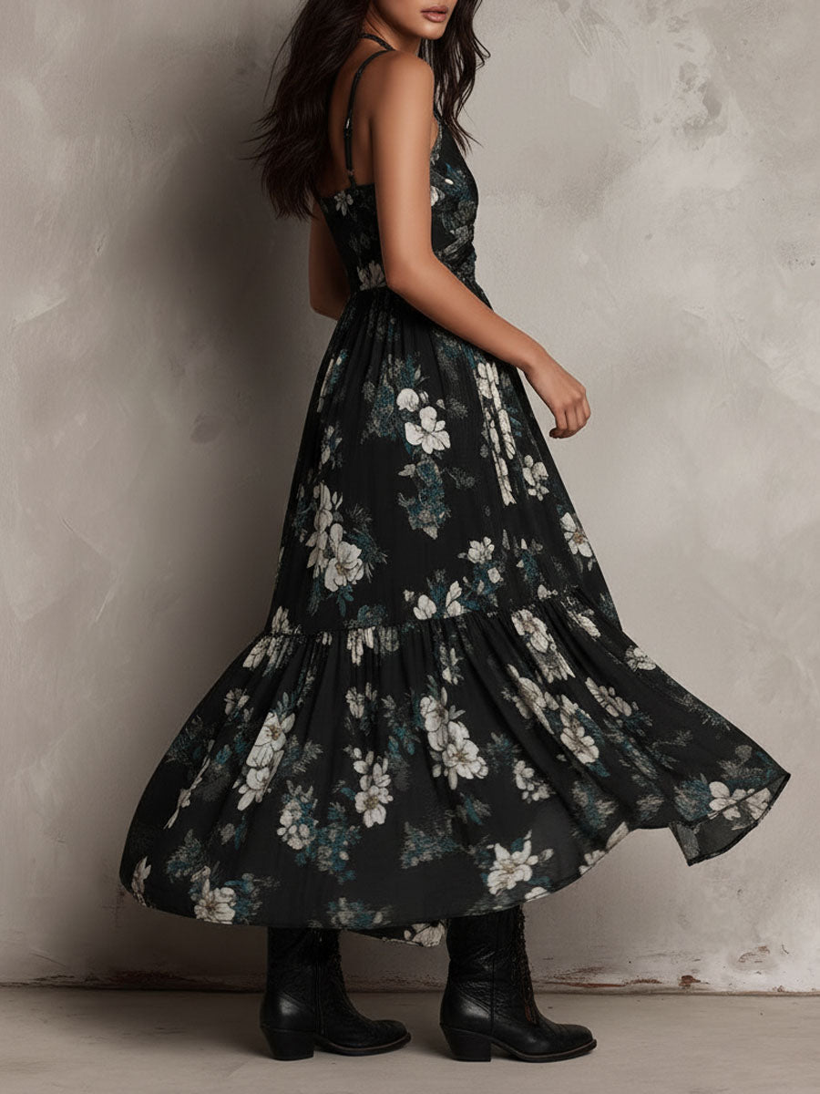 Rosine | Robe Maxi Sans Bretelles Fleurie Bohème Noire