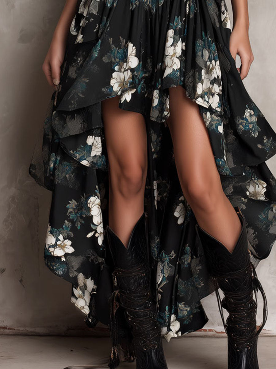Rosine | Robe Maxi Sans Bretelles Fleurie Bohème Noire