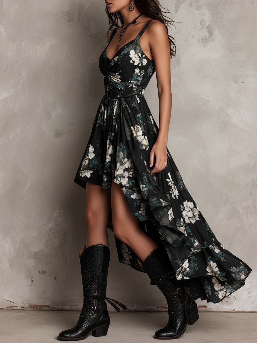 Rosine | Robe Maxi Sans Bretelles Fleurie Bohème Noire