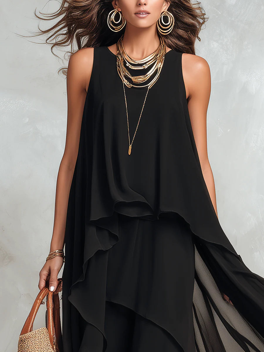 Théodora | Robe Maxi en Mousseline Noire, Superposée