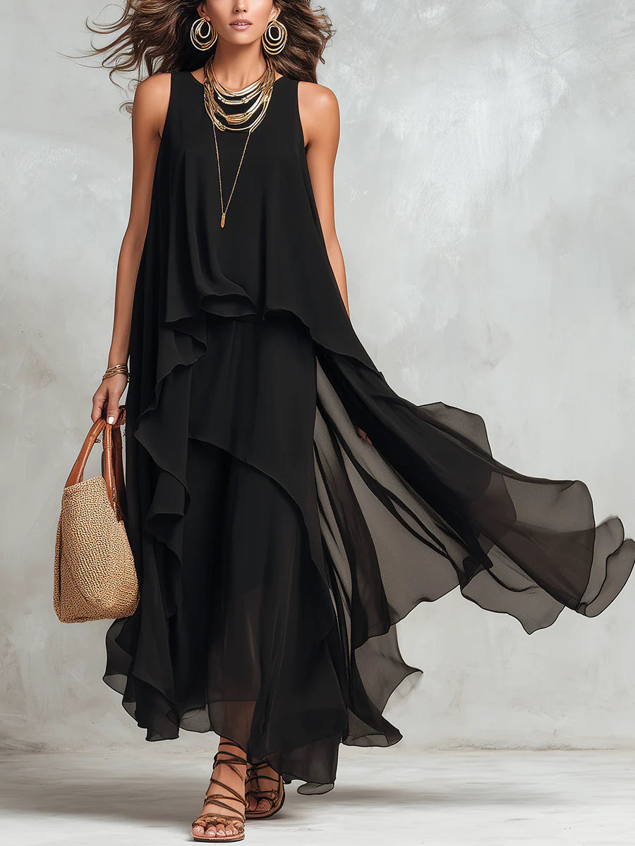 Théodora | Robe Maxi en Mousseline Noire, Superposée