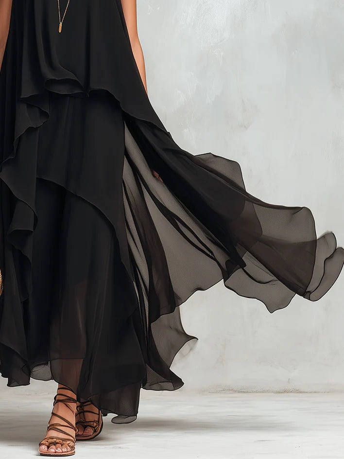 Théodora | Robe Maxi en Mousseline Noire, Superposée