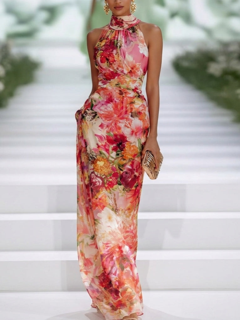 Cerise | Robe Maxi en Mousseline Rouge, Col Halter, Imprimé Floral