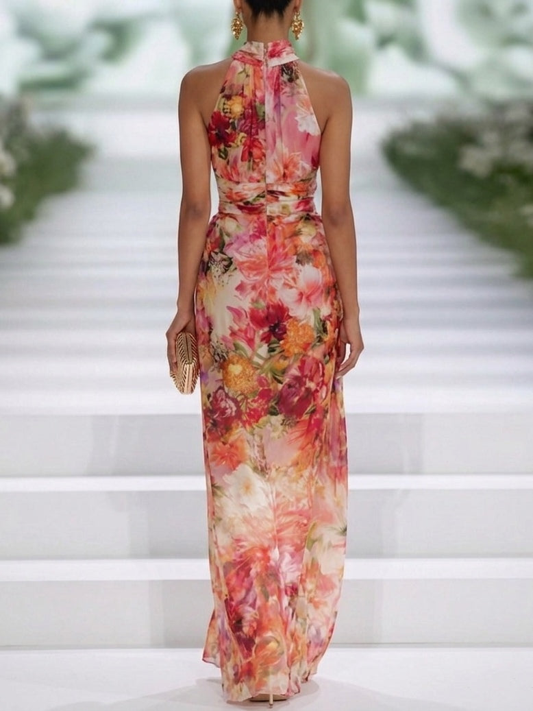 Cerise | Robe Maxi en Mousseline Rouge, Col Halter, Imprimé Floral