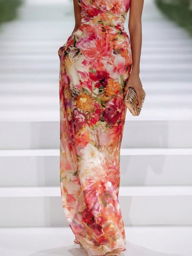 Cerise | Robe Maxi en Mousseline Rouge, Col Halter, Imprimé Floral