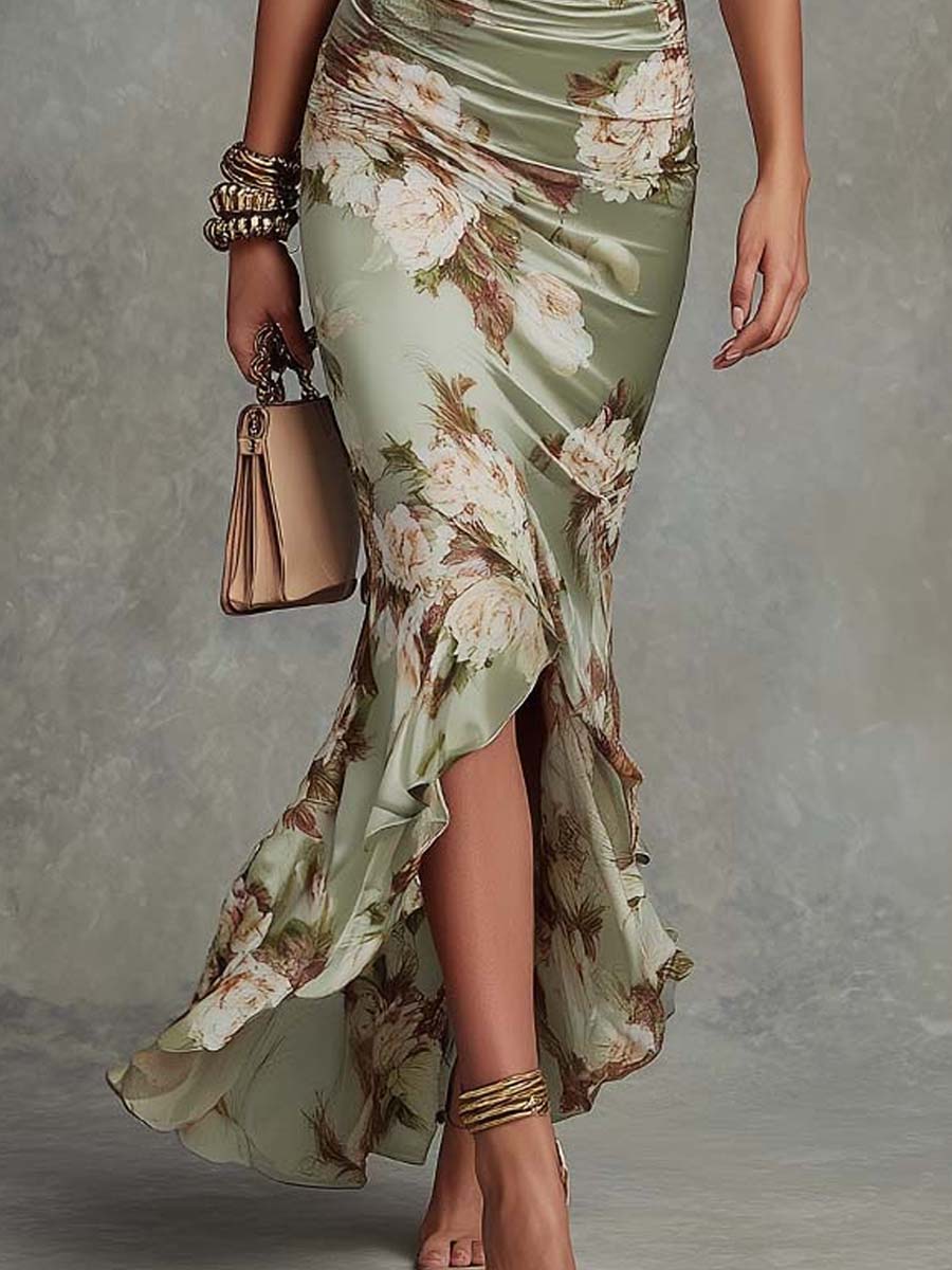Anne™ | Robe longue asymétrique en satin vert à col en V, manches bouffantes et imprimé floral