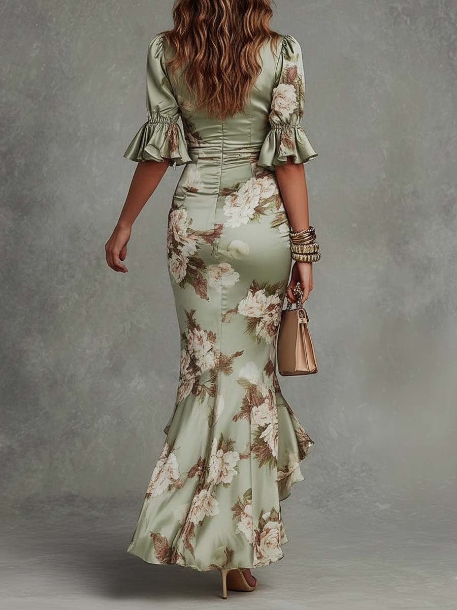 Clemence | Robe Longue en Satin Imprimé Fleuri