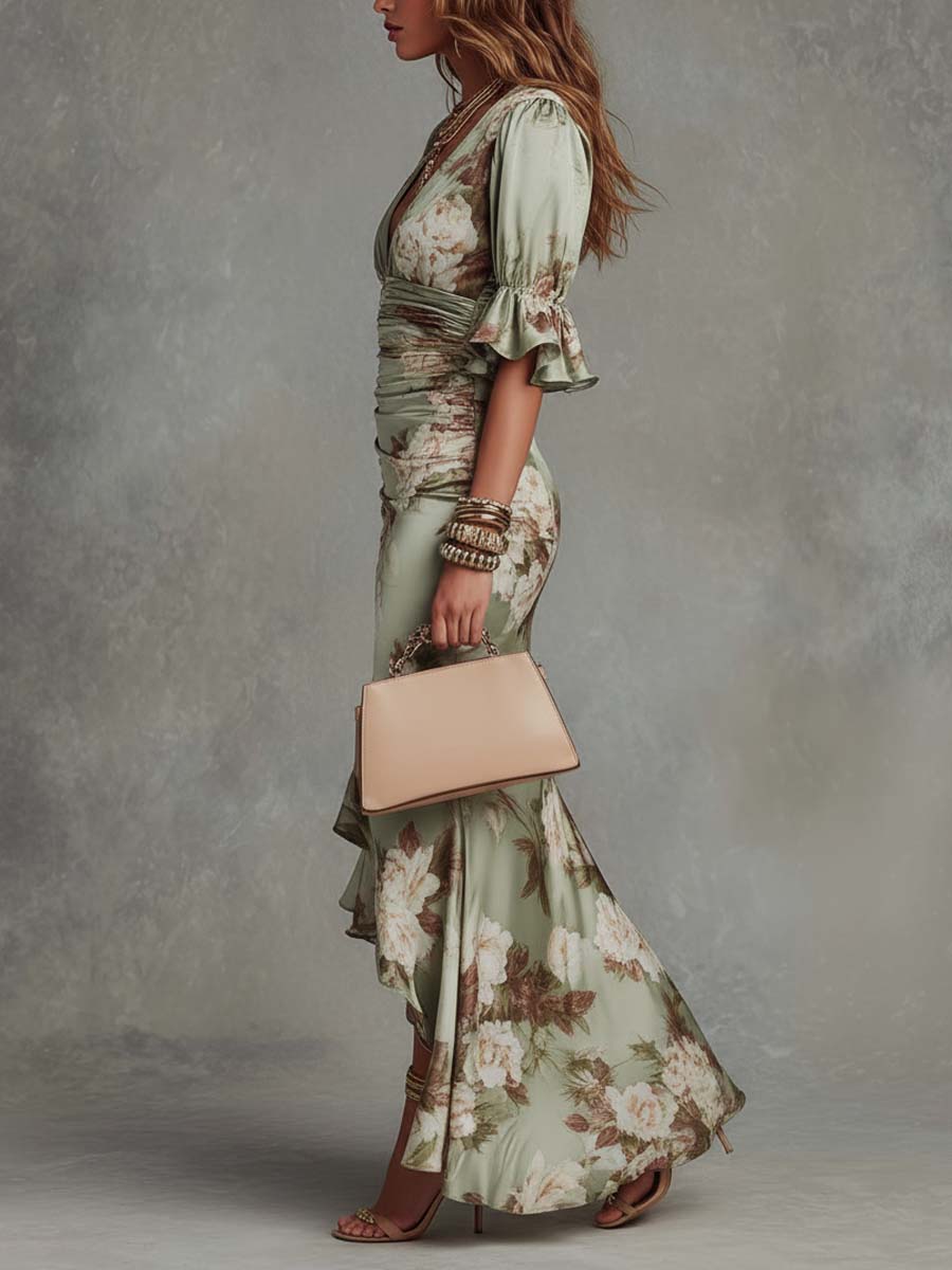 Clemence | Robe Longue en Satin Imprimé Fleuri