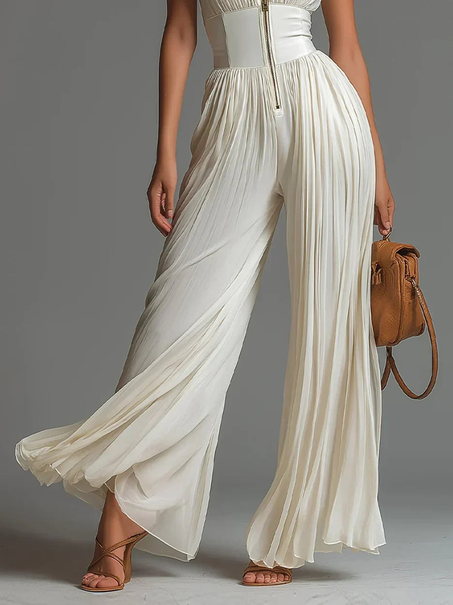 Victoria | Combinaison en Mousseline Noire, Col en V, Pantalon Large Plissé