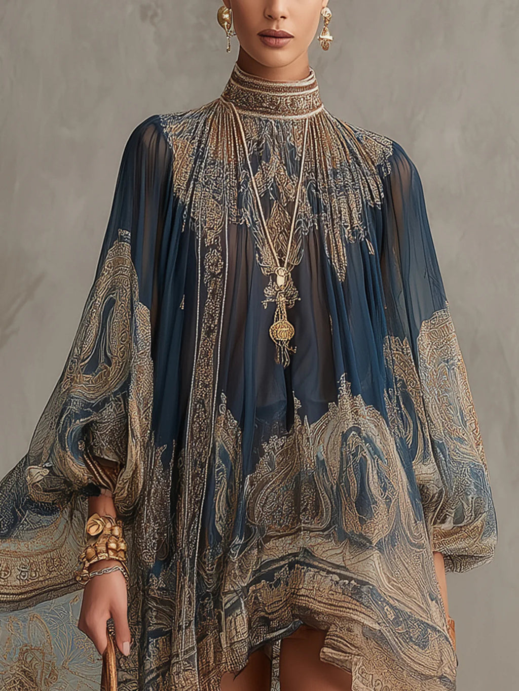Bérénice | Mini Robe Irrégulière Imprimé Baroque Bleu Marine, Col Haut