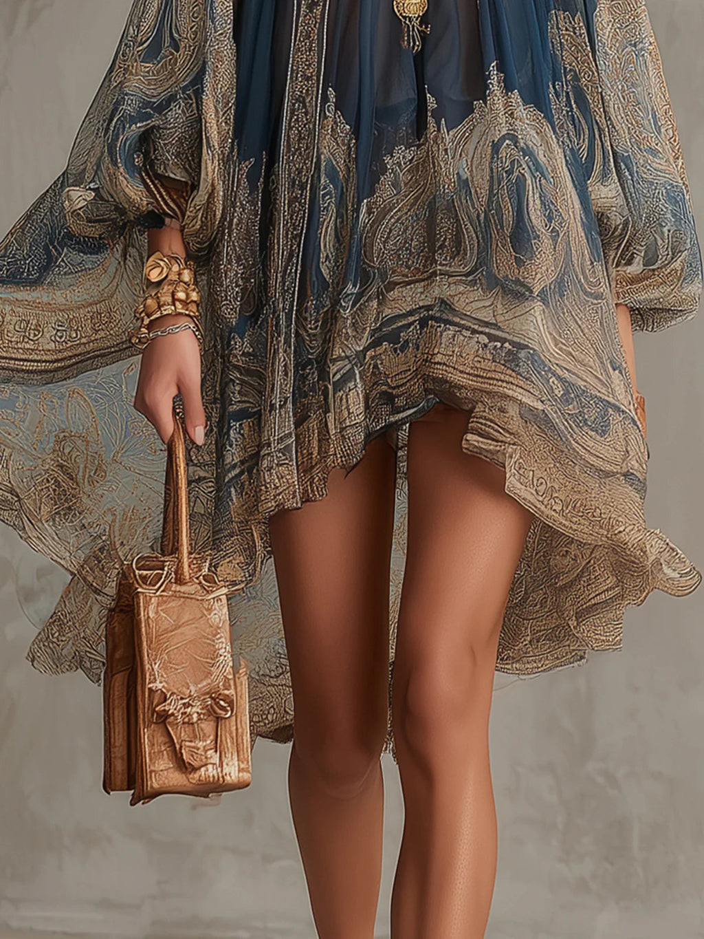 Marianne | Mini Robe en Mousseline Bleu Marine, Imprimé Baroque Doré