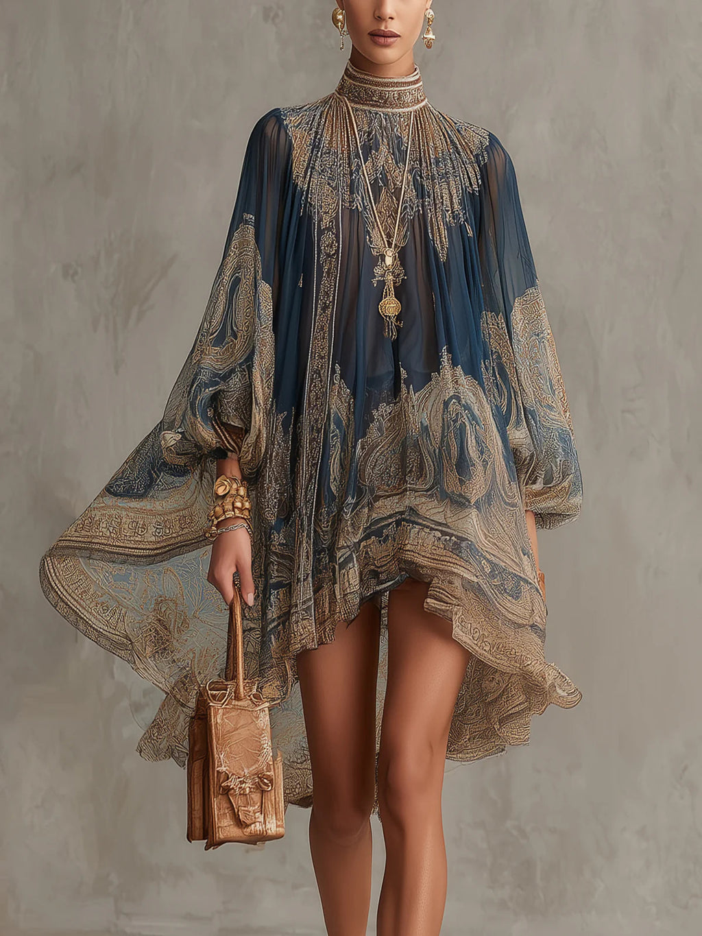 Bérénice | Mini Robe en Mousseline, Imprimé Baroque, Col Montant