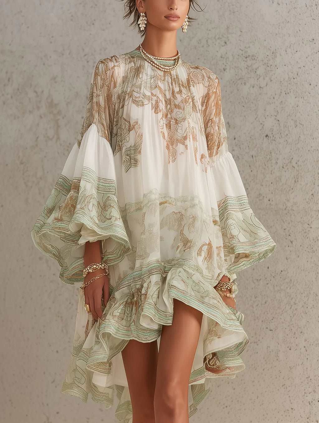 Solange | Robe courte asymétrique en mousseline verte à volants et manches cloches