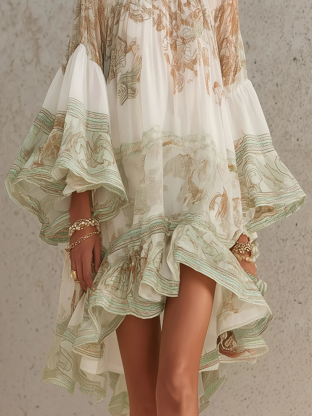Rosalie | Mini Robe en Mousseline, Manches à Volants, Ourlet Rayé Vert