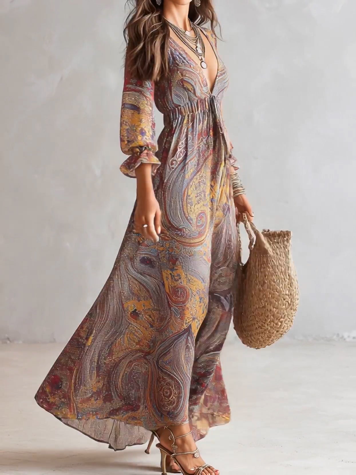 Pénélope™ | Robe Maxi en Mousseline, Imprimé Cachemire, Col en V