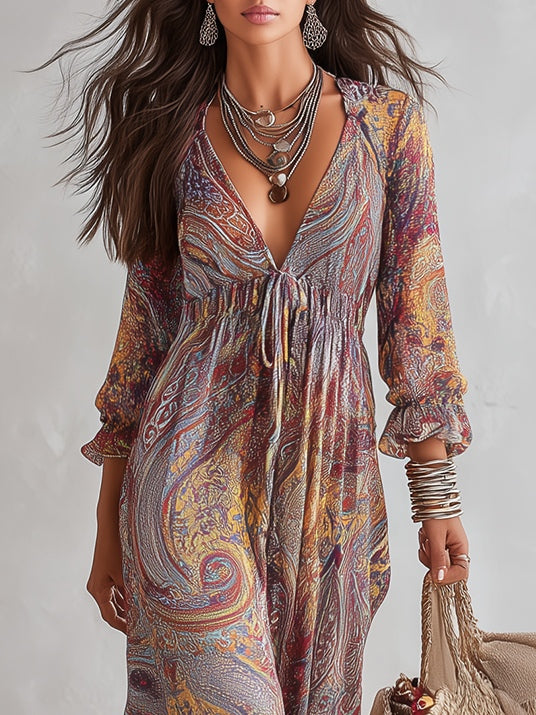 Pénélope | Robe Maxi en Mousseline, Imprimé Cachemire, Col en V
