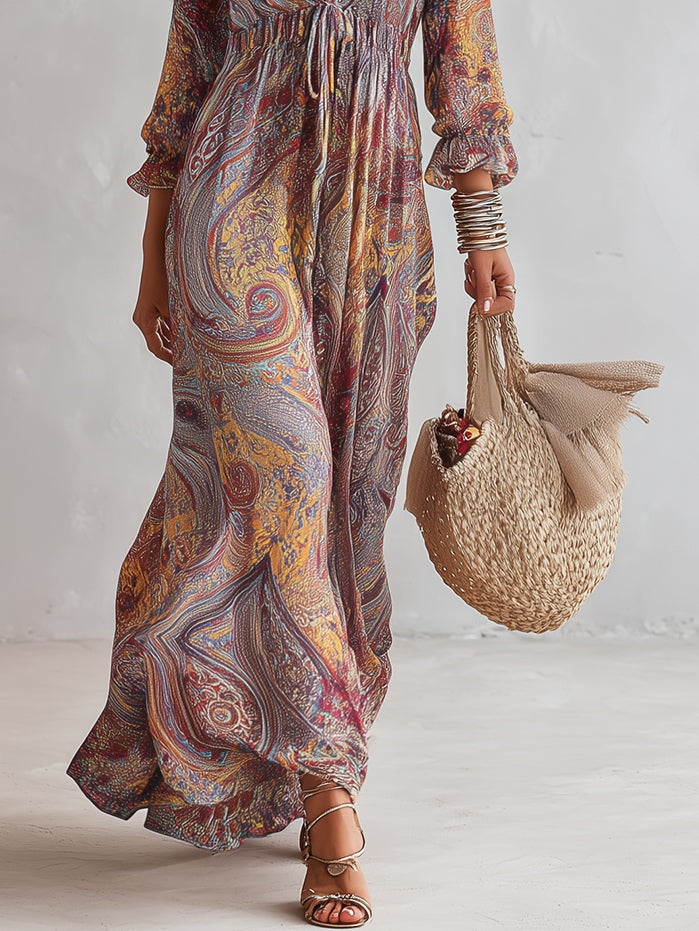 Pénélope™ | Robe Maxi en Mousseline, Imprimé Cachemire, Col en V