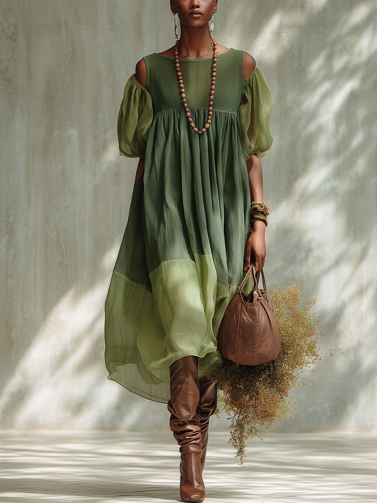 Sylviane | Robe Midi en Mousseline Verte, Épaules Dénudées, Manches Courtes