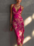 Mathilde | Robe fourreau fuchsia à imprimé floral, drapée de côté et fendue