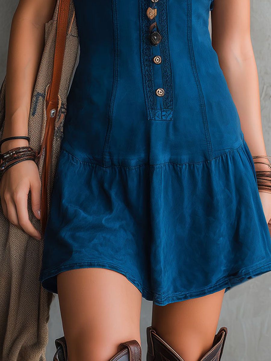Garance | Mini Robe Indigo Bohème, Col en V et Boutons