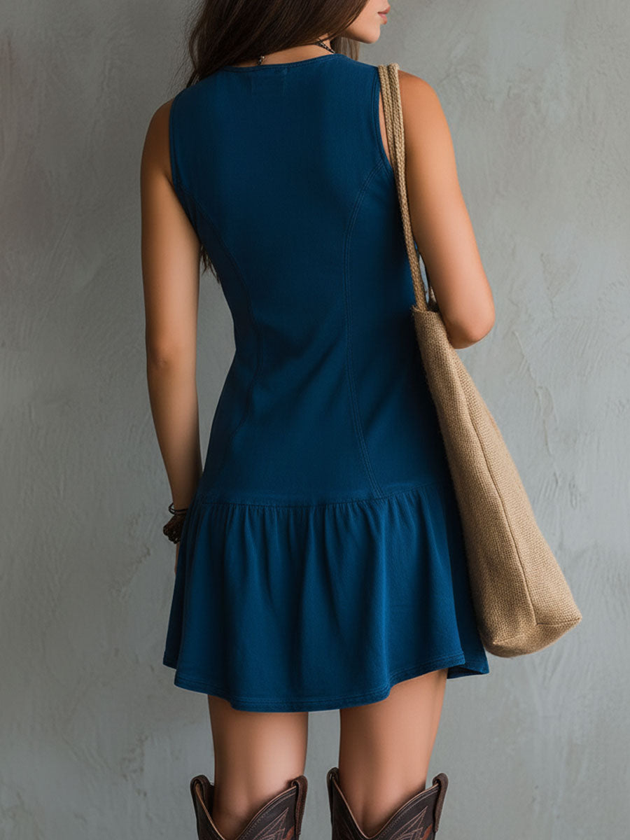 Garance | Mini Robe Indigo Bohème, Col en V et Boutons