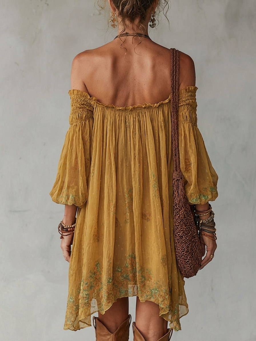 Jonquille | Mini Robe Fleurie Jaune, Épaules Dénudées