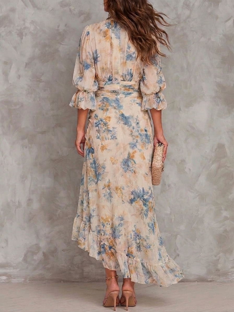 Béatrice™ | Robe Maxi Irrégulière en Mousseline, Imprimé Floral, Col Haut Beige