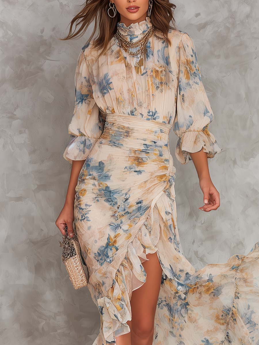Béatrice | Robe Maxi en Mousseline, Col Roulé, Imprimé Floral