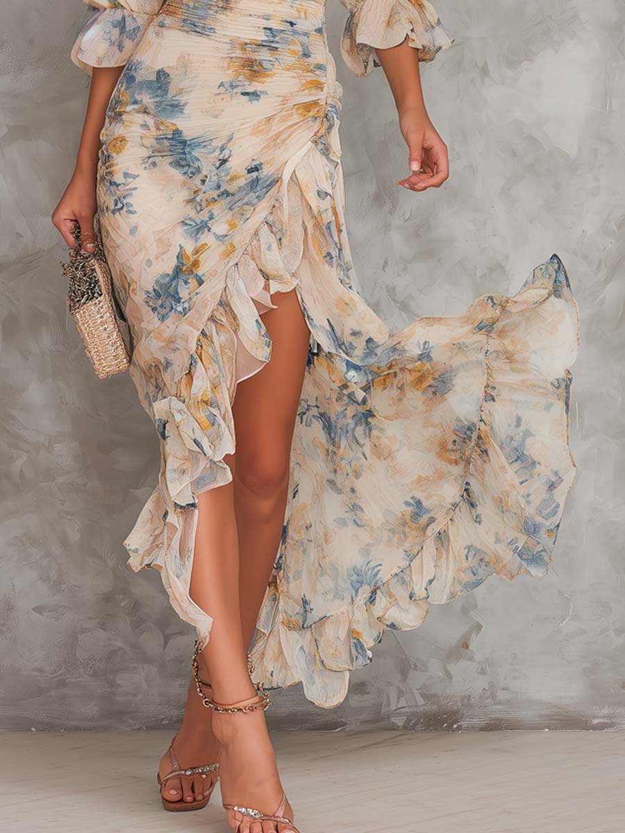 Béatrice | Robe Maxi en Mousseline, Col Roulé, Imprimé Floral