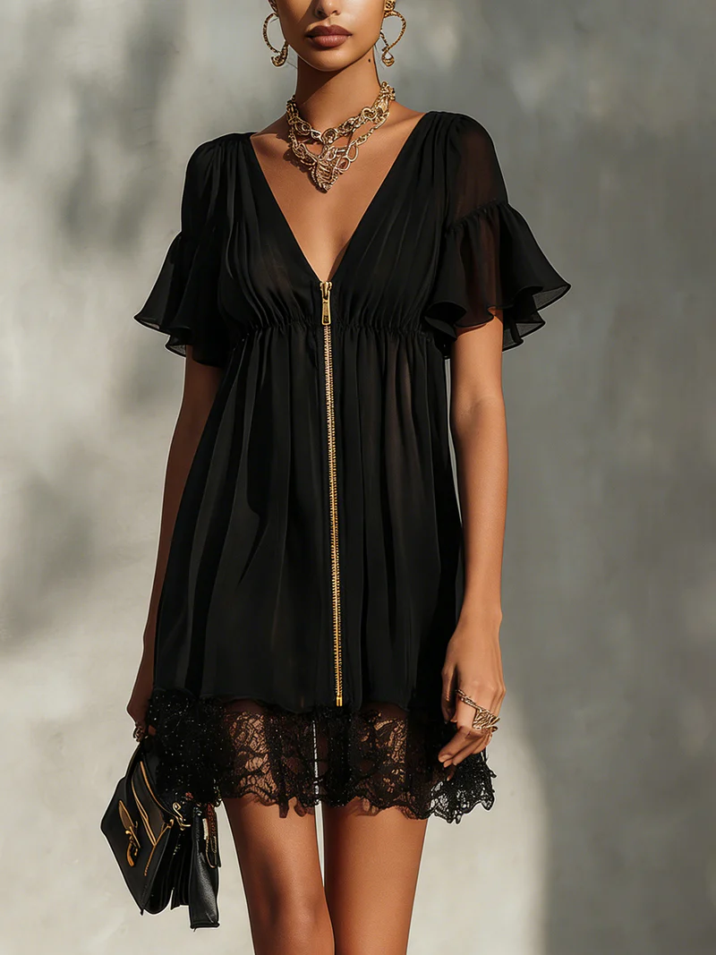 Cassandre | Mini Robe Noire, Col en V, Bordure Dentelle