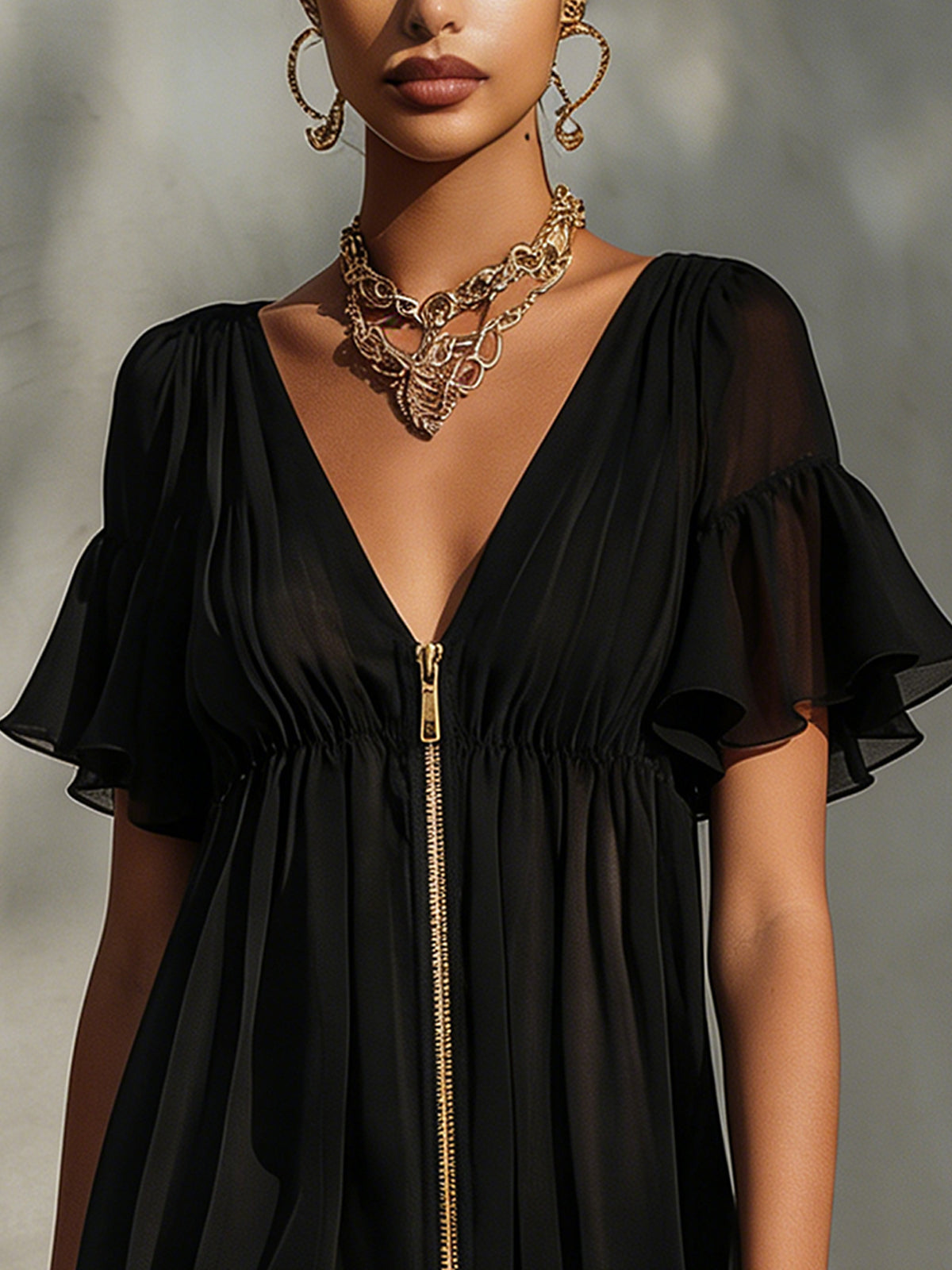 Cassandre | Mini Robe Noire, Col en V, Bordure Dentelle