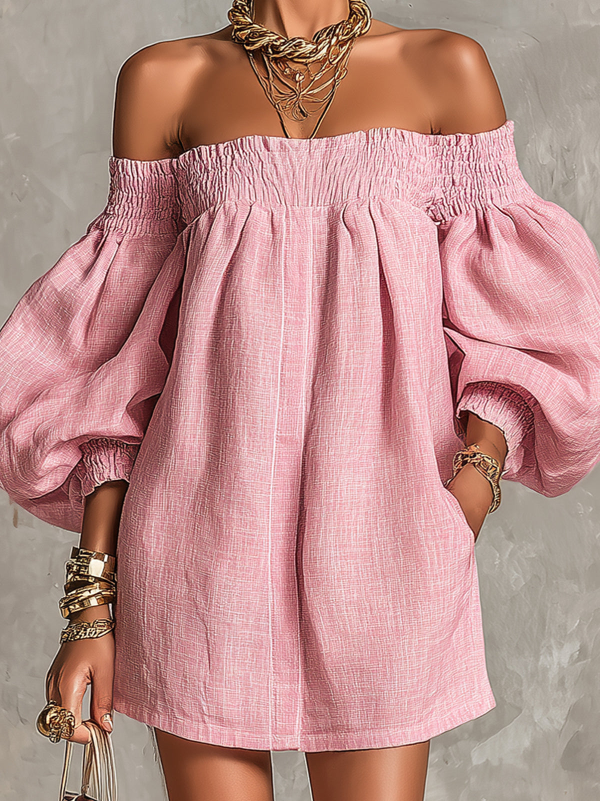 Rosabelle | Mini Robe Trapèze Ample, Manches Lanterne, Épaules Dénudées Roses