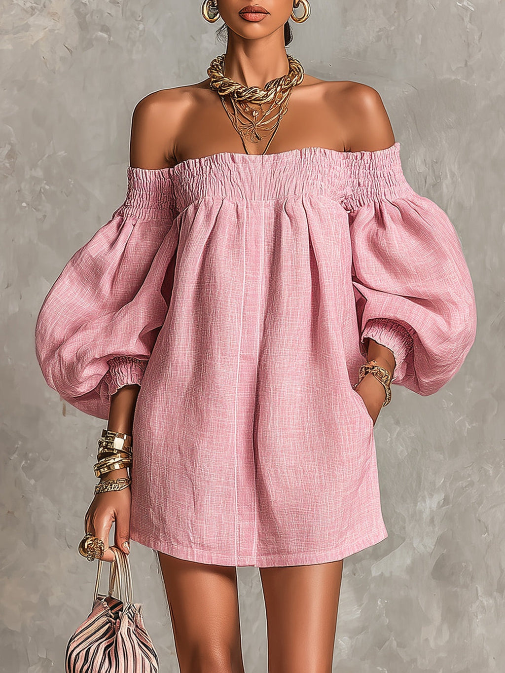 Violette | Robe Mini Trapèze Rose à Manches Lanterne et Épaules Dénudées