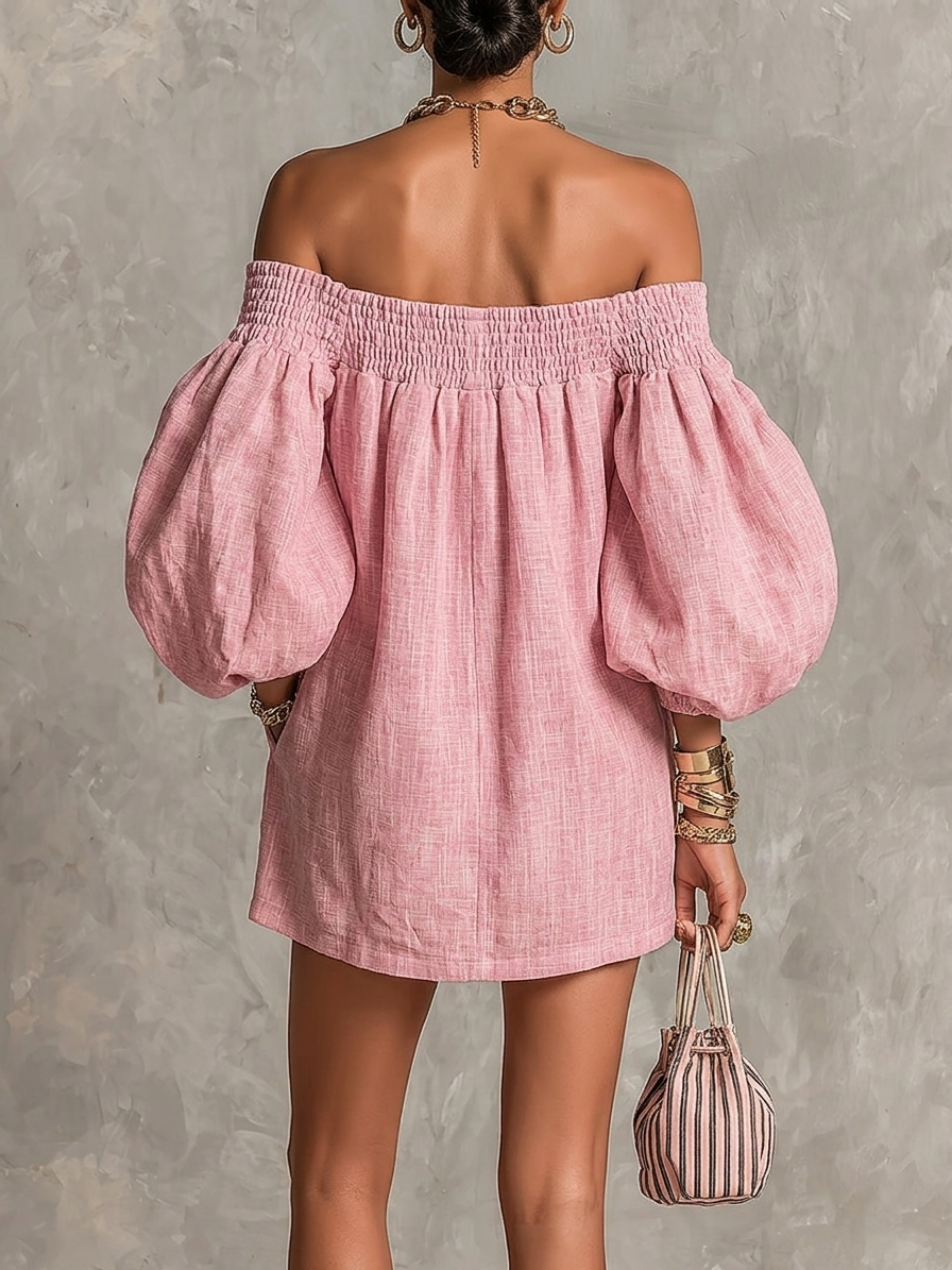 Rosabelle | Mini Robe Trapèze Ample, Manches Lanterne, Épaules Dénudées Roses