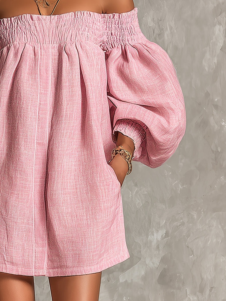 Rosabelle | Mini Robe Trapèze Ample, Manches Lanterne, Épaules Dénudées Roses