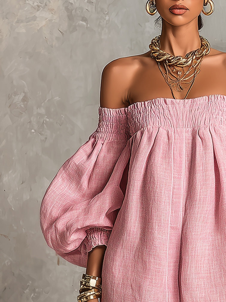 Rosabelle | Mini Robe Trapèze Ample, Manches Lanterne, Épaules Dénudées Roses
