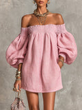Rosabelle | Mini Robe Trapèze Ample, Manches Lanterne, Épaules Dénudées Roses