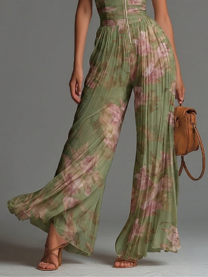 Esméralda™ | Combinaison en Mousseline Verte Fleurie, Col en V, Pantalon Large