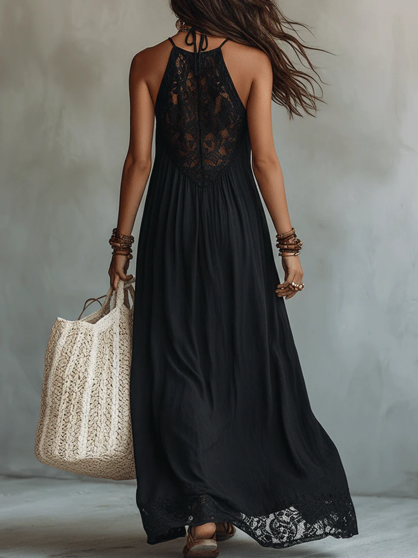 Zélie | Robe Maxi Bohème Noire, Bordure Dentelle