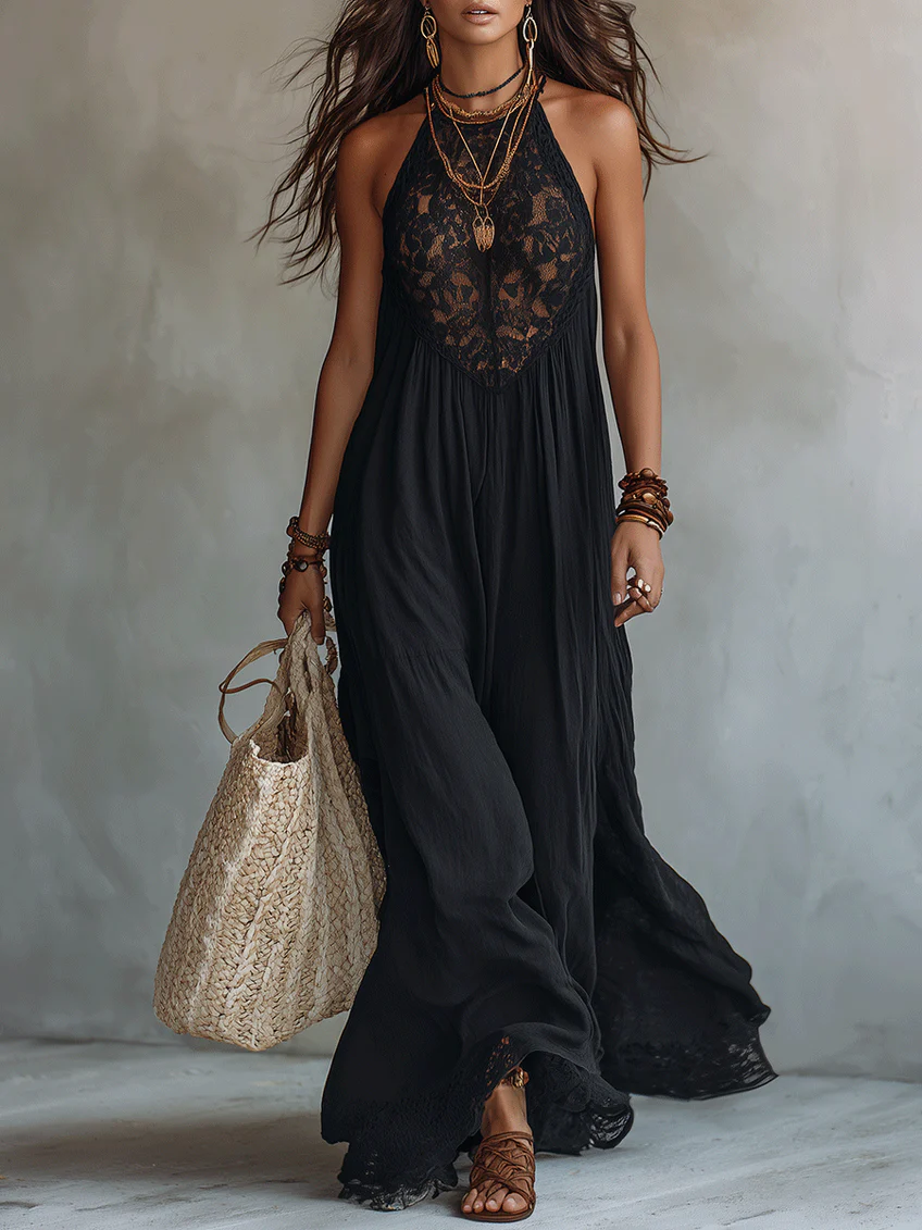 Zélie | Robe Maxi Bohème Noire, Bordure Dentelle