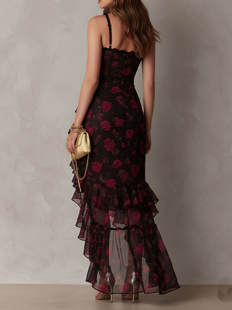 Rosalie | Mini Robe Fleurie Noire et Rouge, Ourlet à Volants Froncés