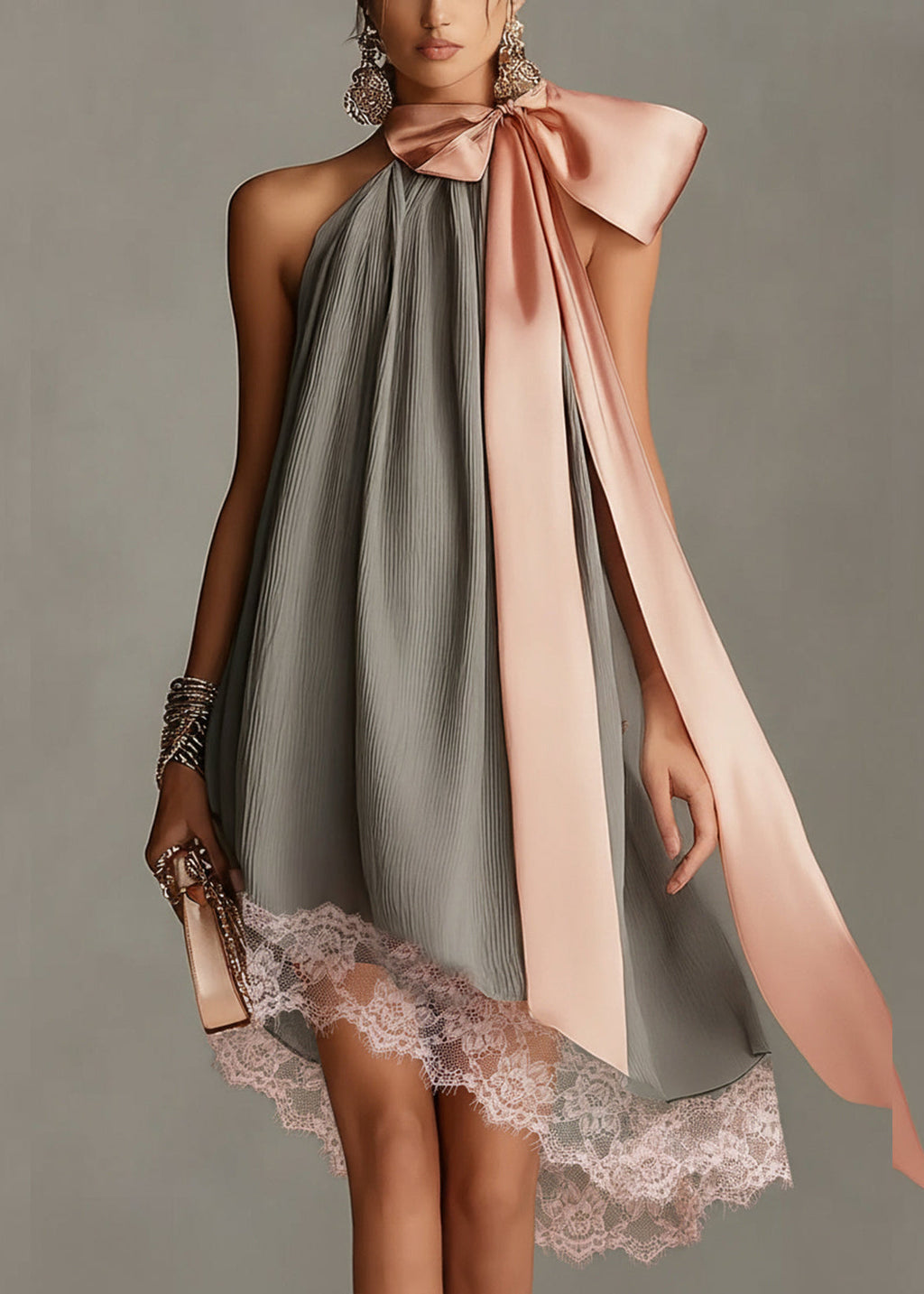 Béatrice | Mini Robe en Satin Gris, Nœud Rose et Dentelle