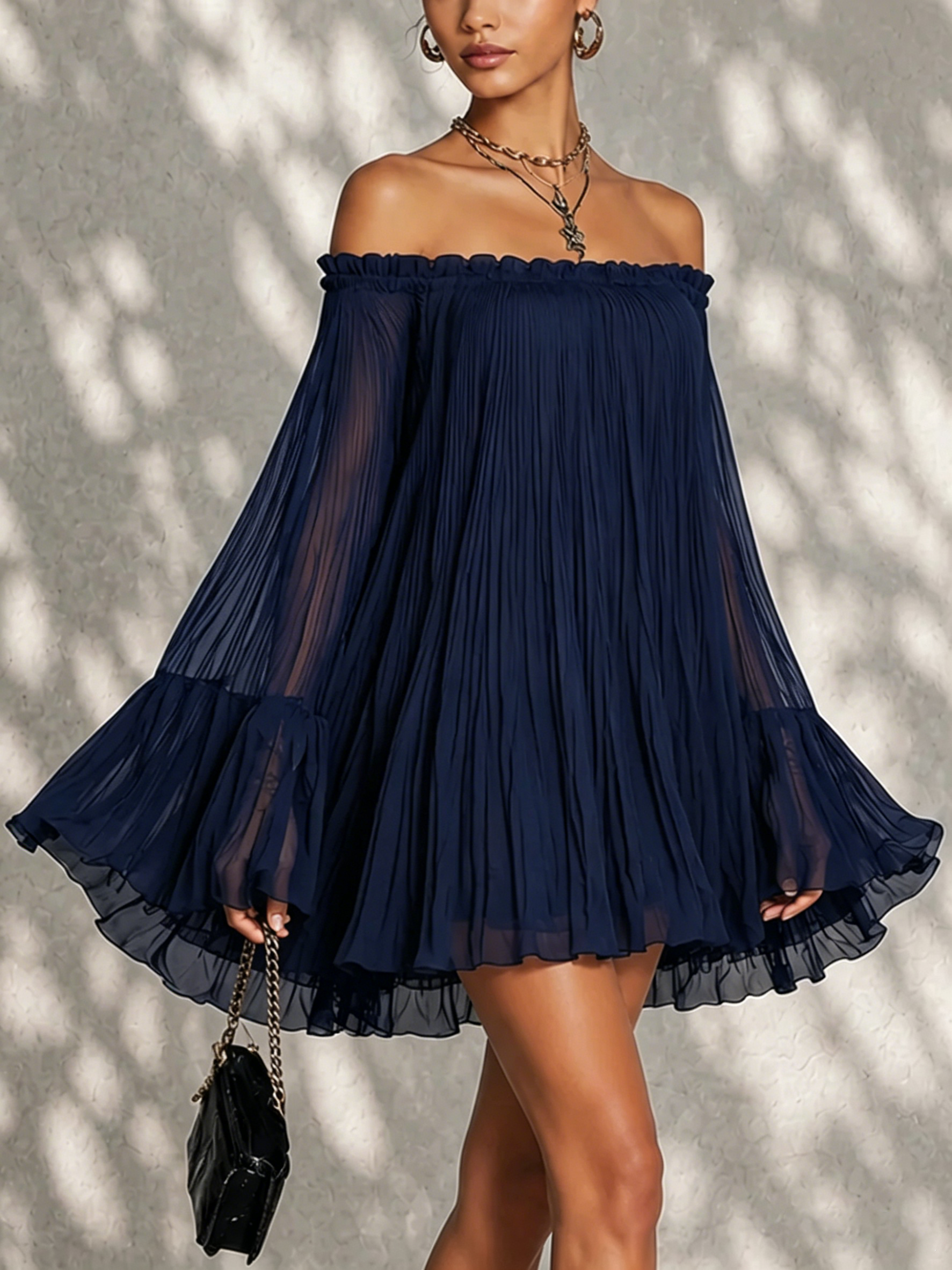 Ondine | Mini Robe Manches Cloche, Volants, Épaules Dénudées