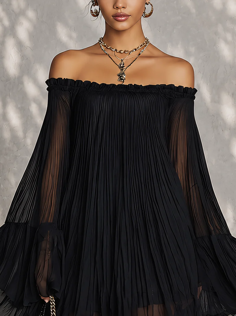 Zélie | Mini Robe Noire, Manches Cloche et Volants