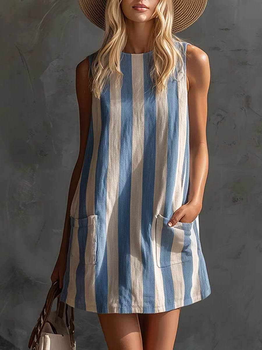 Margot | Mini Robe Rayée Sans Manches, Col Rond