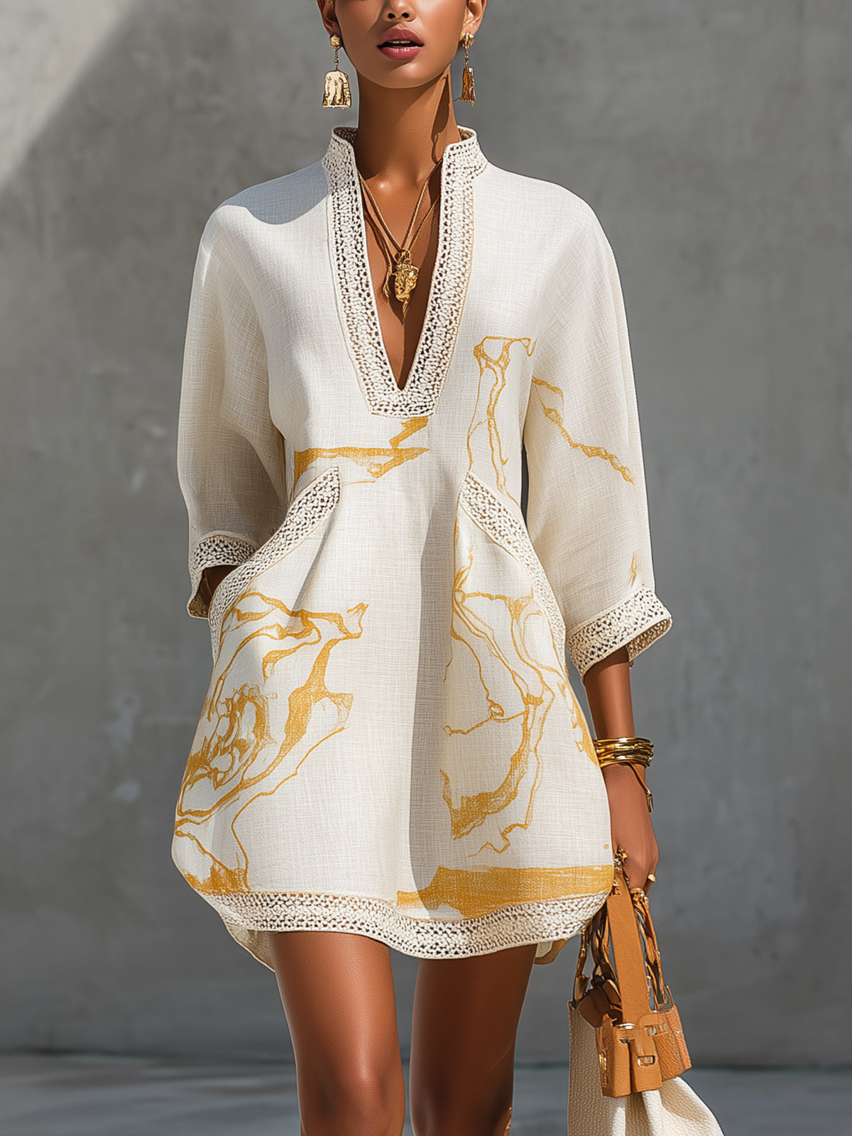 Ivoire | Mini Robe en Viscose, Imprimé Or Ivoire