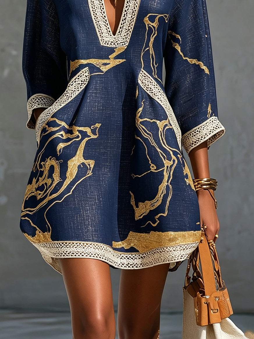 Astrée | Mini Robe Col en V, Imprimé Or Marine