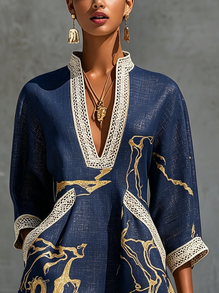 Astrée | Mini Robe Col en V, Imprimé Or Marine