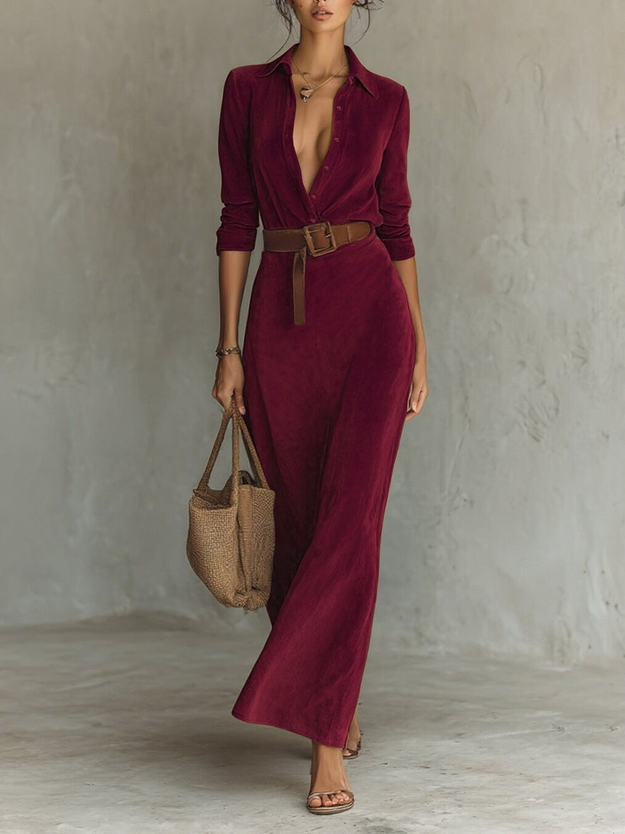 Corentine | Robe Maxi en Suédine, Col Revers